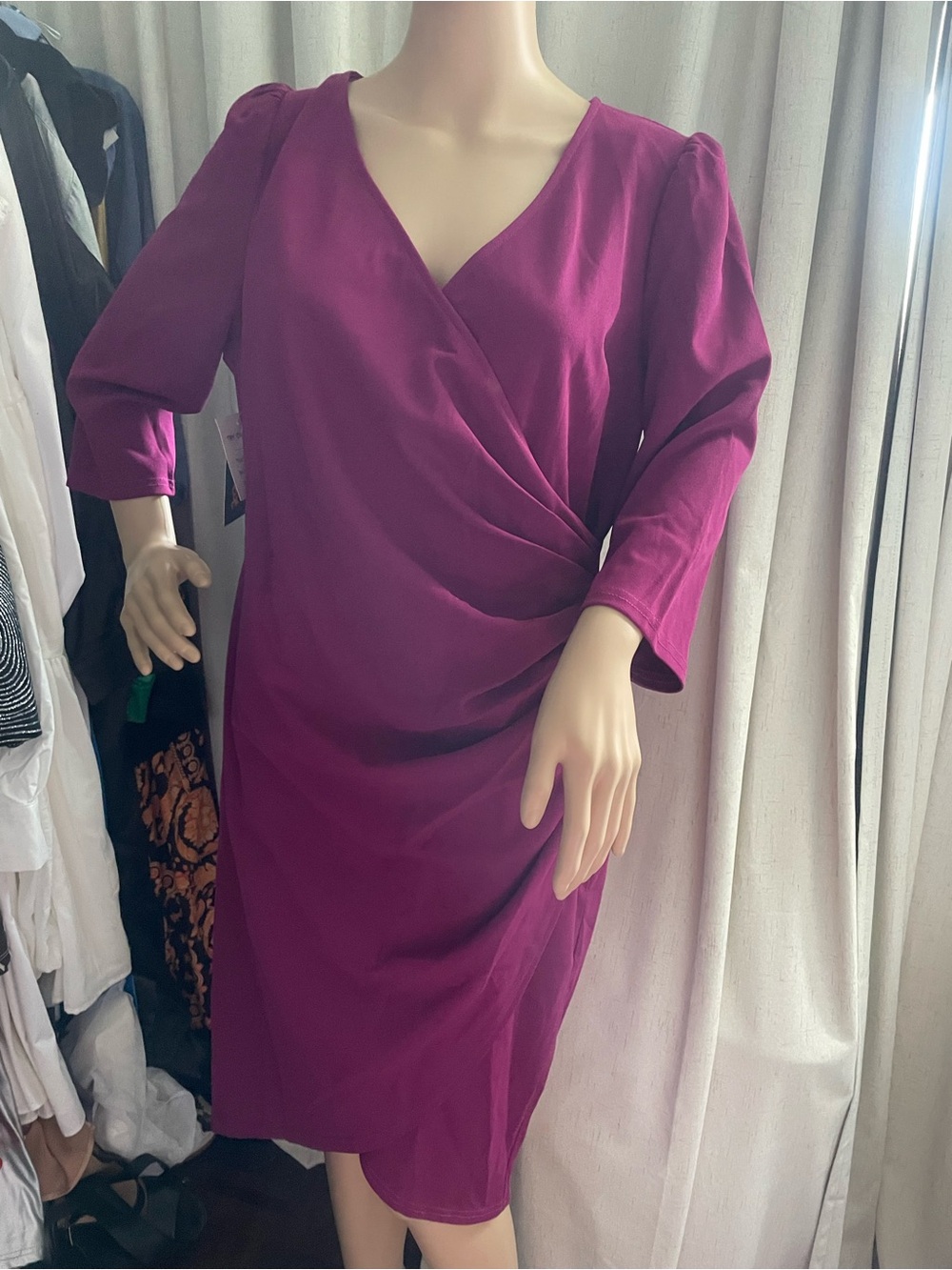 Women’s Wrap-Front Midi Dress in Deep Magenta